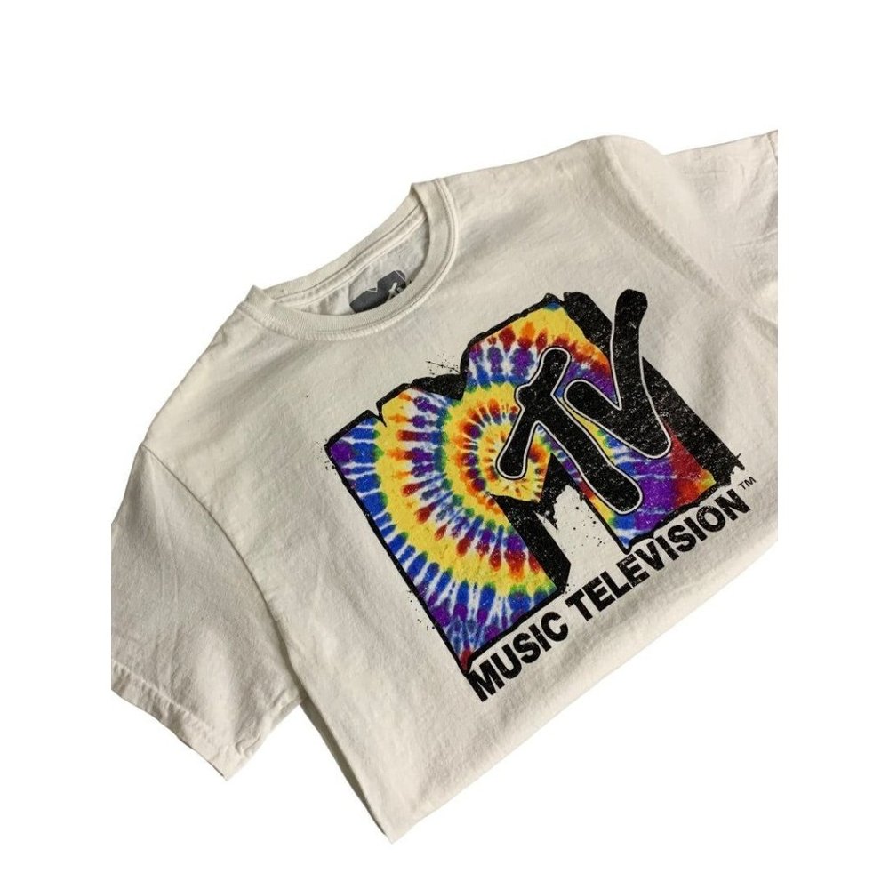 Small MTV Adult Unixex Tshirt Tie Dye Graffiti Logo White Short Sleeve - Picture 6 of 9